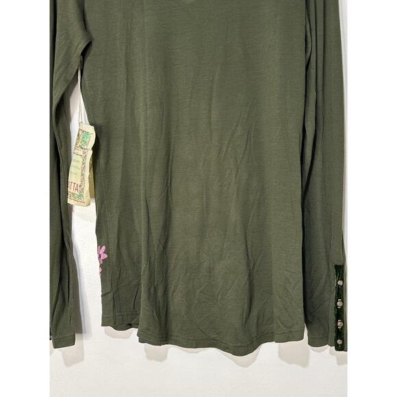 Aratta Green Floral Long Sleeve Top Size Sm/Med NWOT Embroidery Velvet Accents - Picture 10 of 12